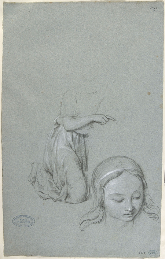 Louis Joseph César Etude de draperie, jeune fille à genoux, tête de jeune fille